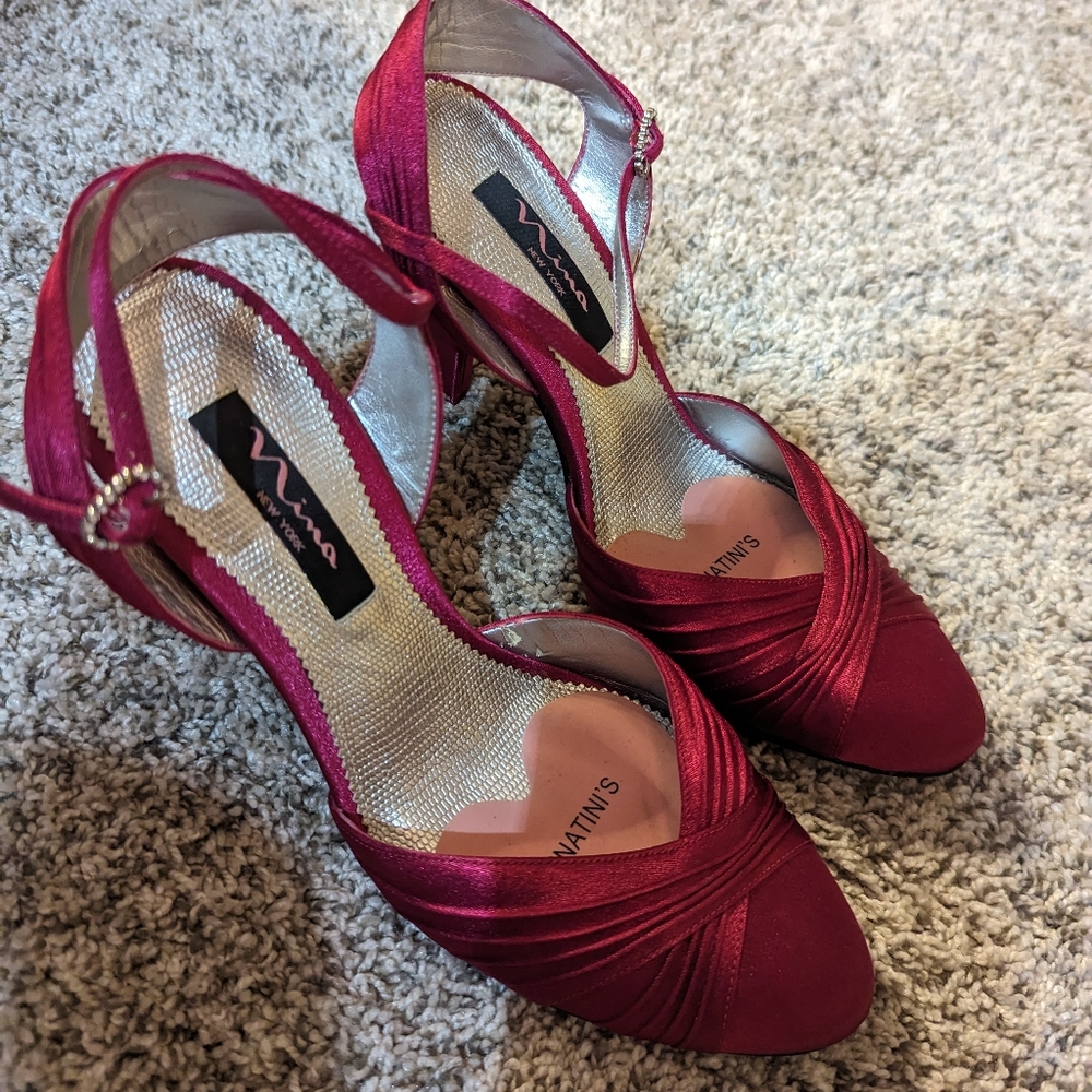 Nina Satin Open-Toe Ankle-Strap Heels in Fuchsia